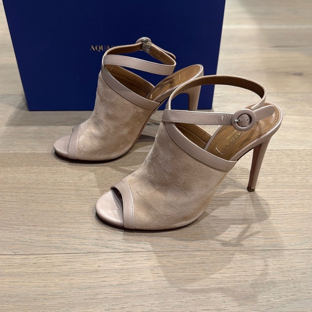 Aquazzura Tan Suede Peep-toe Stiletto Heels - Picture 2 of 6